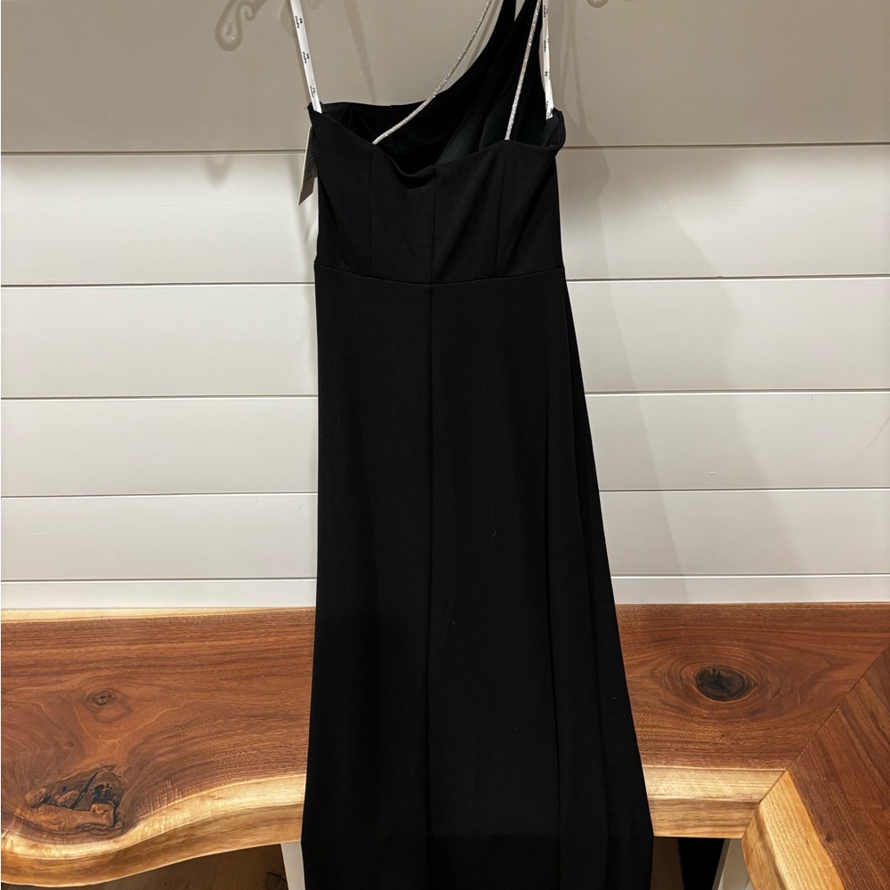 Crystal One-Shoulder Crepe A-Line Dress in Black